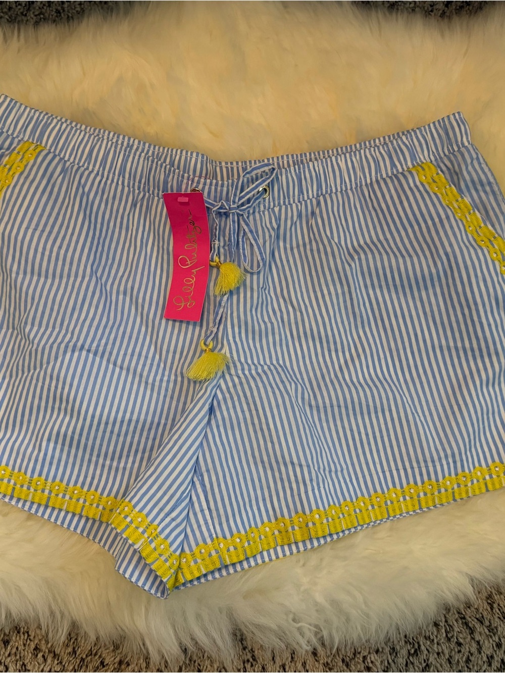 Lilly Pulitzer Blue & White Striped High-Waist Shorts with Yellow Trim
